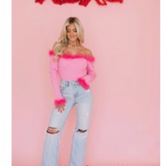 HYFVE Tops - Pink Off-Shoulder Top Feather Trim These Three Boutique Valentines Day Top Med